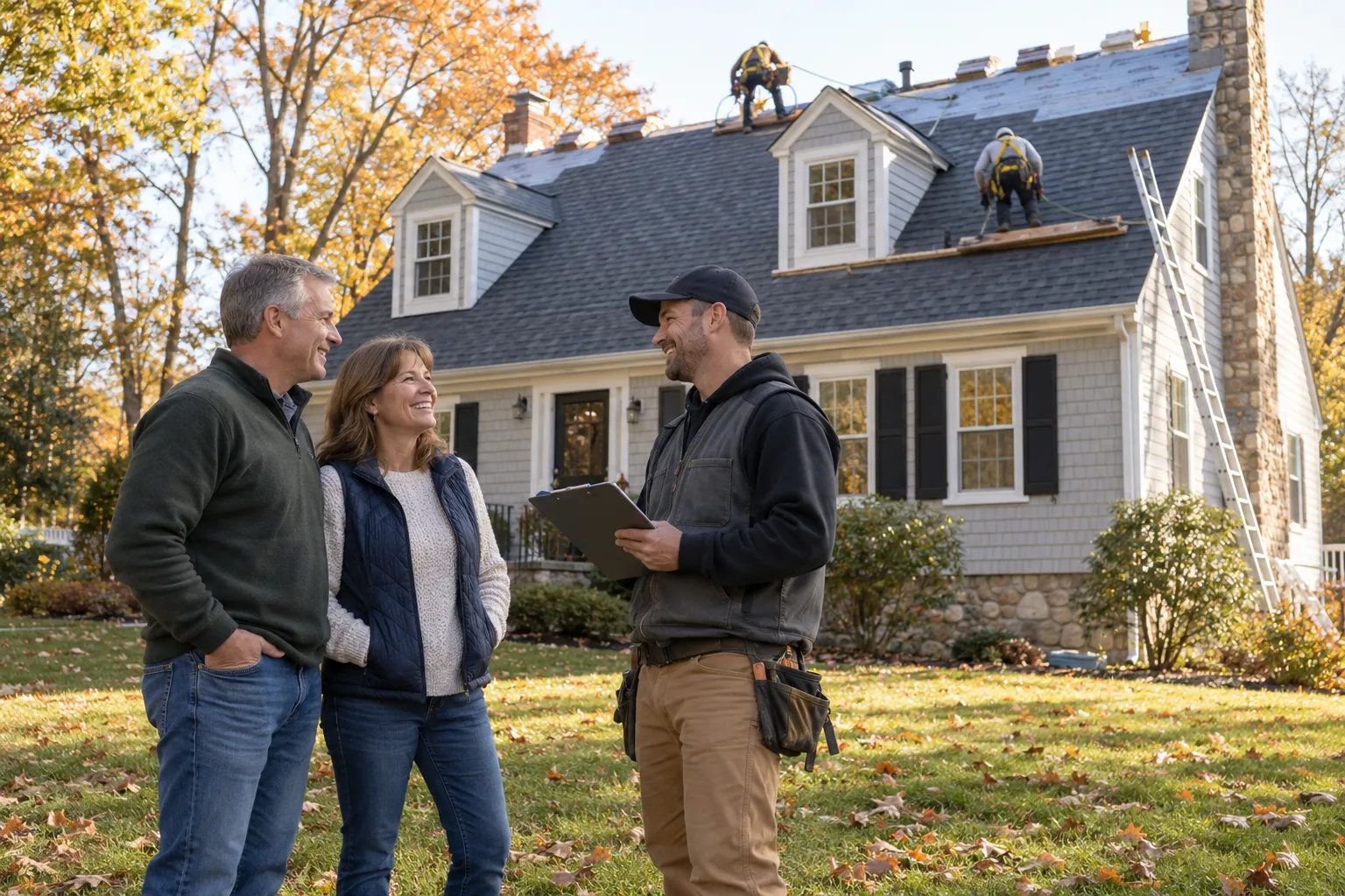Homeowner couple talking with a roofing provider beside their house in Marlborough while a new roof is being installed