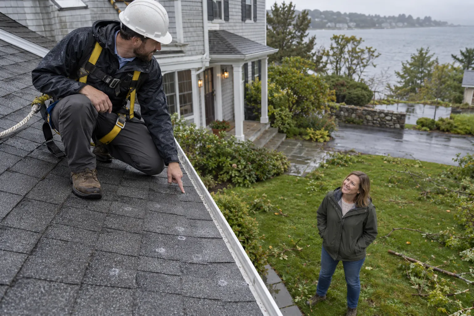 Local roofing provider inspecting a storm-damaged shingle roof on a home in Marlborough
